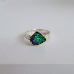Australian Boulder Opal Ring, 18K Gold Bezel, October Birthstone, Mixed Metal Ring, Solid Blue Green Color image 10