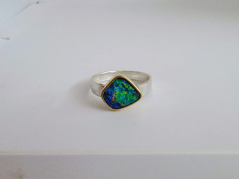 Australian Boulder Opal Ring, 18K Gold Bezel, October Birthstone, Mixed Metal Ring, Solid Blue Green Color image 10