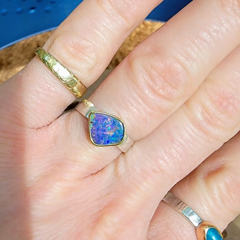 Australian Boulder Opal Ring, 18K Gold Bezel, October Birthstone, Mixed Metal Ring, Solid Blue Green Color image 7