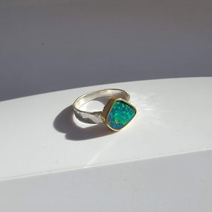 Australian Boulder Opal Ring, 18K Gold Bezel, October Birthstone, Mixed Metal Ring, Solid Blue Green Color image 4
