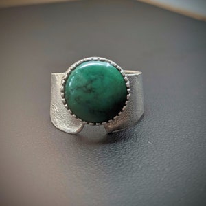 Green Turquoise Ring,  Designer Bezel, Wide Ring Band, Silver 925