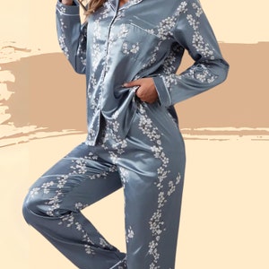 Satin Silk Women's Pajama Set,Blue/Gray Long Sleeve Shirt and Trousers,Luxurious Sleepwear and Loungewear,Perfect Gift Set for the Holidays.