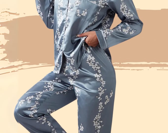 Satin Silk Women's Pajama Set,Blue/Gray Long Sleeve Shirt and Trousers,Luxurious Sleepwear and Loungewear,Perfect Gift Set for the Holidays.