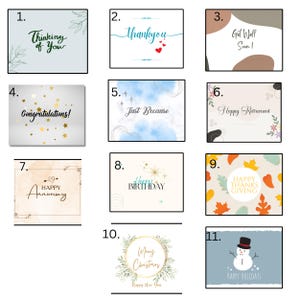 May include: A set of 11 printable greeting cards with various designs and messages. The cards feature a variety of colors and patterns, including blue, green, red, yellow, and brown. The messages on the cards include "Thinking of You", "Thankyou", "Get Well Soon", "Congratulations", "Just Because", "Happy Retirement", "Happy Anniversary", "Happy Birthday", "Happy Thanks Giving", "Merry Christmas", and "Happy Holidays".