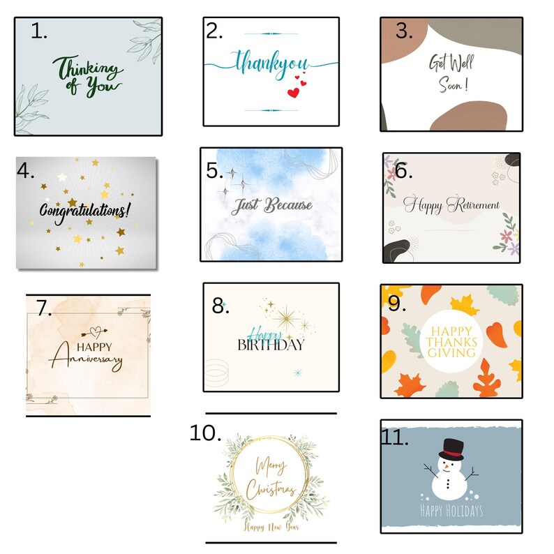 May include: A set of 11 printable greeting cards with various designs and messages. The cards feature a variety of colors and patterns, including blue, green, red, yellow, and brown. The messages on the cards include "Thinking of You", "Thankyou", "Get Well Soon", "Congratulations", "Just Because", "Happy Retirement", "Happy Anniversary", "Happy Birthday", "Happy Thanks Giving", "Merry Christmas", and "Happy Holidays".