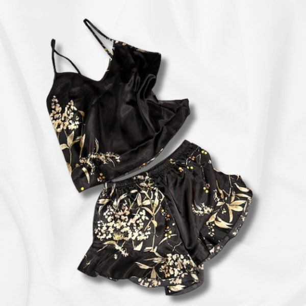 Perfect Holiday Gift - Women's Black Satin Pajama Set with Floral Print, Comfy Short Sleepwear, Elegant Nightwear, Luxe Loungewear