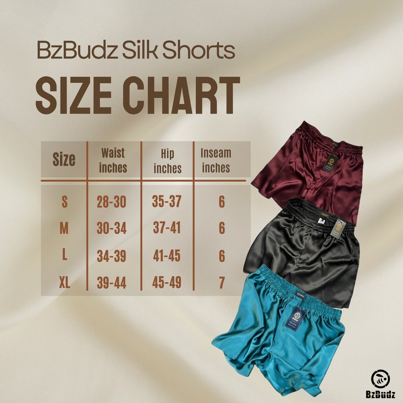 May include: Size chart for silk shorts in sizes S, M, L, and XL. The chart shows waist, hip, and inseam measurements in inches. The shorts are shown in burgundy, black, and teal.