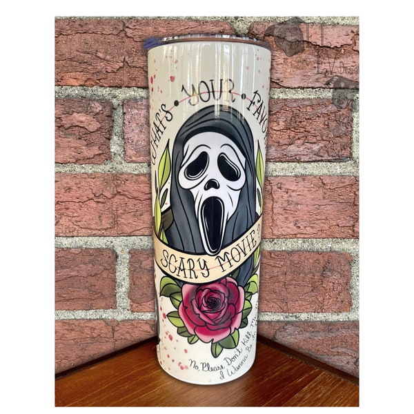 Ghostface 20 oz Tumbler for Hot & Cold Drinks, American Traditional, Tattoo Flash, Stainless Steel, Scream Horror Movie, Slasher Film