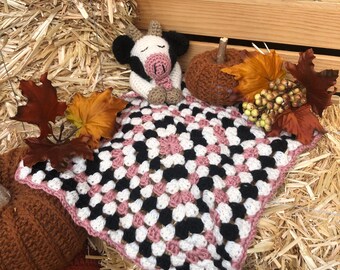 Cow Lovey, Farm Animal Lovey, Baby Shower Gift, Animal Security Blanket, New Expecting Mom Gift,Cow Toy, Crochet Baby Blanket, Baby Keepsake