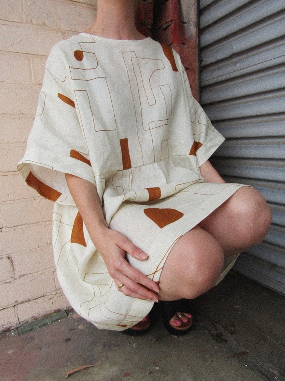 Linen Dress - Original Abstract Print Design - Relaxed, Boxy, Oversized  Style - One size - Colour Rust