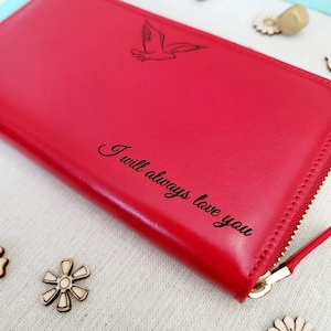 Cartera de cuero con cremallera para mujer, cartera de escritura a mano, regalo especial para mamá, cartera de mujer de cuero grabado, regalo de aniversario para ella