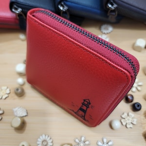 Portefeuille zippé en cuir, portefeuille en cuir pour femmes, portefeuille en cuir pour hommes, porte-carte en cuir, portefeuille à fermeture éclair unisexe, portefeuille personnalisé rouge