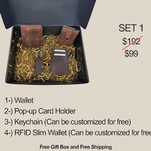 Father's Day Gift Box for Leather Wallets, Brown Leather Wallet, Slim Wallet for Men, RFID Minimalist Credit Cardholder, Men Black Keychain