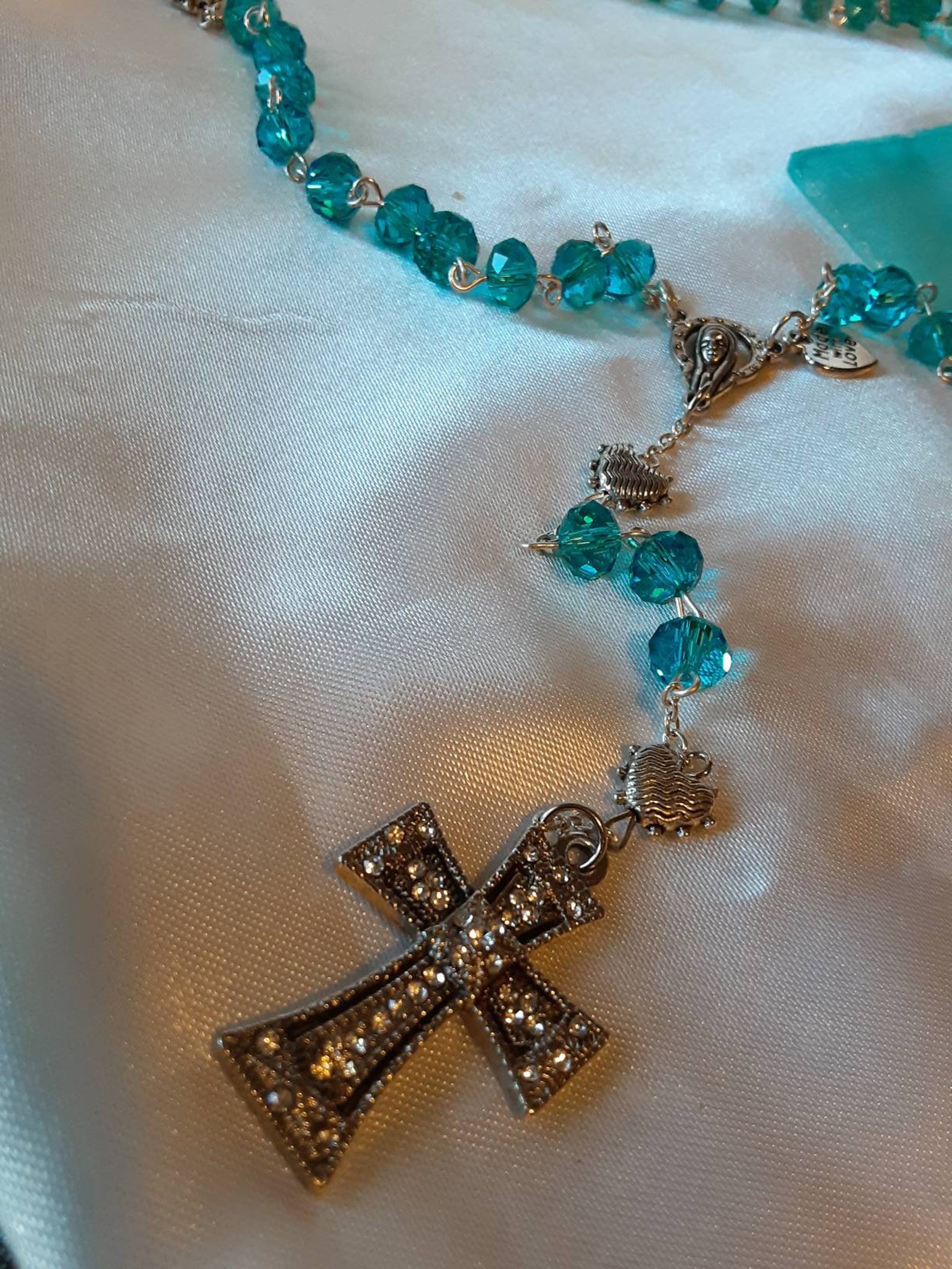 Light Blue Rosary With Metal Hearts Etsy