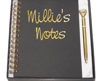Personalised A5 Notebook | Black Hardback | Gold Spiral Notebook | Diamond Pen Gift Set | Customise Your Own NoteBook
