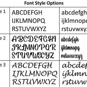 May include: A chart displaying three font style options. Each style shows uppercase and lowercase letters. Font Style 1 is a basic sans-serif font. Font Style 2 is a decorative script font. Font Style 3 is a cursive font.