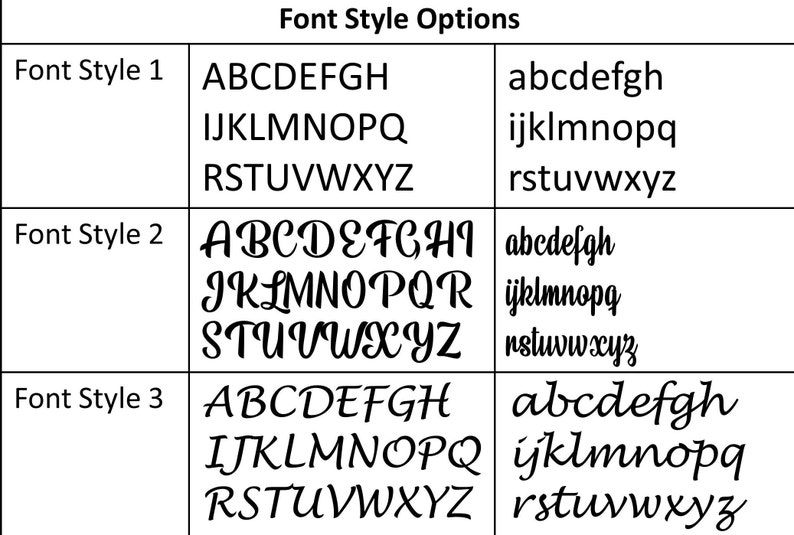 May include: A chart displaying three font style options. Each style shows uppercase and lowercase letters. Font Style 1 is a basic sans-serif font. Font Style 2 is a decorative script font. Font Style 3 is a cursive font.