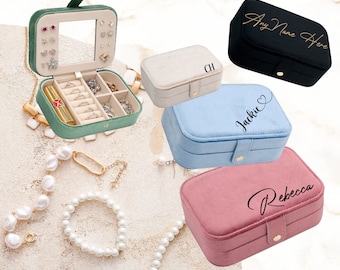 Personalised Jewellery Box Velvet Rectangle with Mirror and Compartments, Beautiful Gift for Christmas, Bridesmaid, Bride or Anniversary