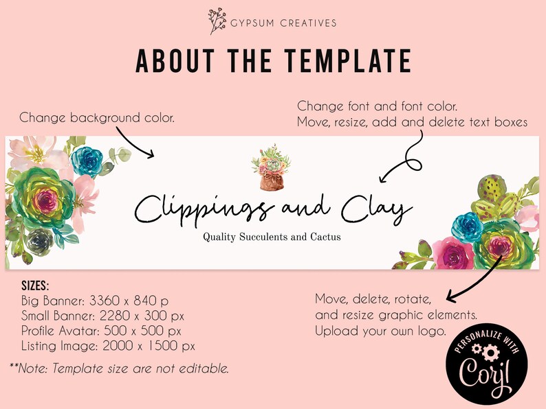 Editable Etsy Shop Banner Kit Editable Shop Banner for Succulents and Cactus Business Etsy Shop Branding Kit Succulent theme Banner