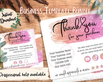 May include: Pink and gold glitter thank you card template with a brushstroke design. The card includes space for your business name, website, email, phone number, and social media links. The text "Thank you for your purchase" is written in a cursive font. The card also includes a five-star rating system and the text "We would appreciate a review".