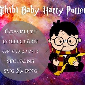 Op de afbeelding: Een digitale illustratie van een baby Harry Potter in chibi-stijl. Hij draagt een zwarte robe, een rood-gouden sjaal en ronde brillen. In de ene hand houdt hij een toverstaf, in de andere een gouden snitch. De afbeelding is geplaatst tegen een kleurrijke galaxie achtergrond. De tekst "COMPLETE COLLECTION OF COLORED SECTIONS SVG & PNG" is in wit op een grijze cirkel geschreven.