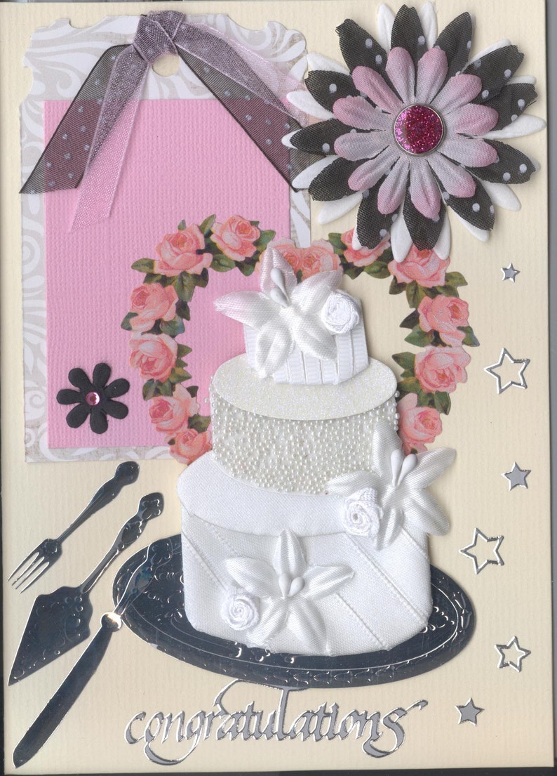 Wedding Day Card Wedding Cake Flower Congratulations Cut The Cake Heart Wreath Handmade one-of-a-kind OOAK Unique Dimensional 3D 5x7 Wed004