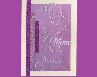 MD019 Mothers Day Greeting Card Elegant Pearl Swirls Glitter Stripes Purple 3D Handmade one-of-a-kind OOAK Unique 5x7