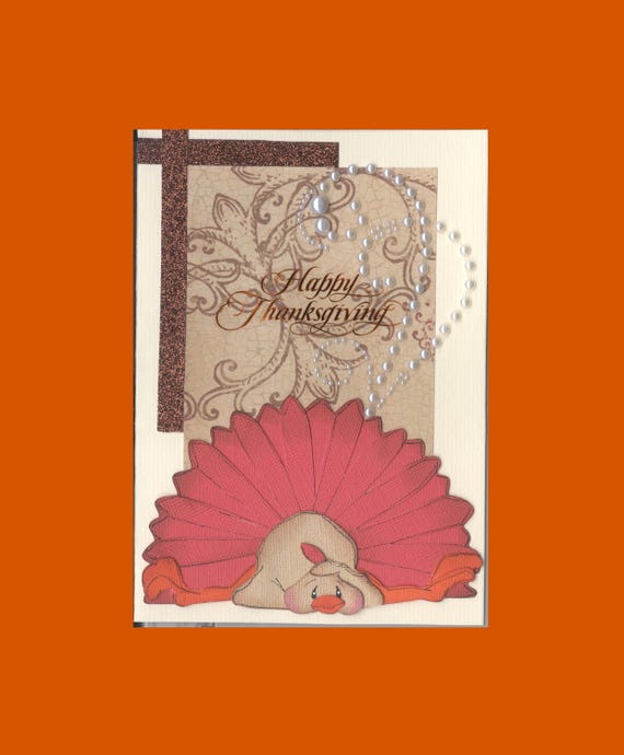 TG007 Thanksgiving Day Greeting Card Happy Thanksgiving Whimsical Turkey Pearl Swirls 3D Dimensional Handmade one-of-a-kind OOAK Unique 5x7