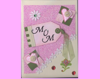 MD024 Mothers Day Greeting Card Gem Flowers Embroidery Lace Trim & Hearts Glitter Mom Ribboned Tag 3D Handmade one-of-a-kind OOAK Unique 5x7