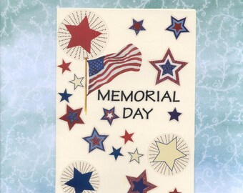 Patm003 Memorial Day Patriotic Greeting Card Red White & Blue Glitter Stars Flag 3D Handmade one-of-a-kind OOAK Unique 5x7