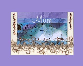 MD026 Mothers Day Greeting Card Elegant Pearls & Lace Embroidery Trim So Many Gemstones! Gilded 3D Handmade one-of-a-kind OOAK Unique 5x7