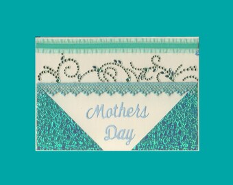 MD016 Mothers Day Greeting Card Stuningly Elegant Crystals & Embroidery Trim Aqua Colored Effect 3D Handmade one-of-a-kind OOAK Unique 5x7
