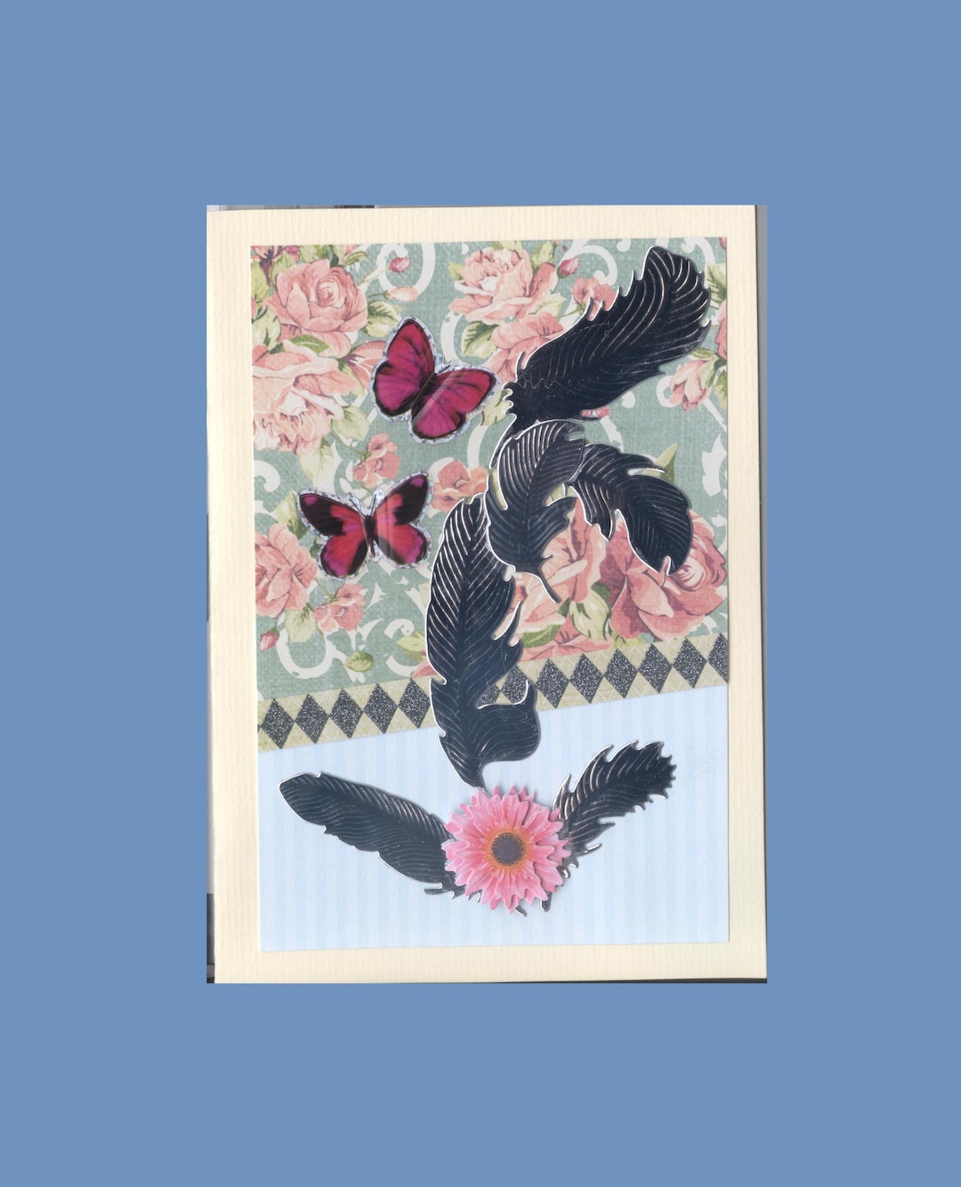 BLK099 All Occasion Greeting Card Butterflies & Silver Feathers Glitter ...