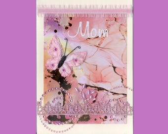 MD025 Mothers Day Greeting Card Elegant Gems & Pearls Embroidery Lace Trim Butterfly Gilded 3D Handmade one-of-a-kind OOAK Unique 5x7