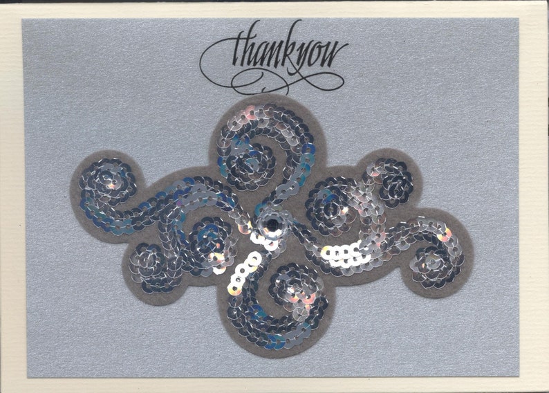 Thank-You Greeting Card Elegant Posh Sequined Embroidered Patch Handmade one-of-a-kind OOAK Unique Dimensional 3D 5x7 TY013