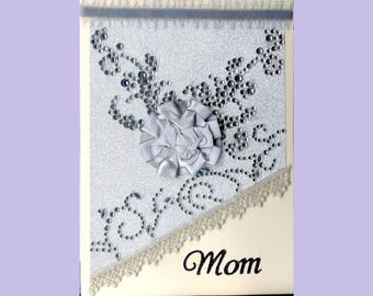 MD017 Mothers Day Greeting Card Elegant Silky Ribboned Flower Gemstones Lace Embroidery Trim 3D Handmade one-of-a-kind OOAK Unique 5x7