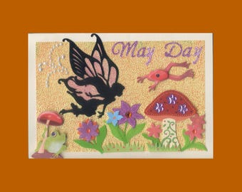 May001 May Day Greeting Card Whimsical Fairy Queen Frolicking w/Frogs Amongst The Toadstools Adorable Handmade one-of-a-kind OOAK Unique 5x7