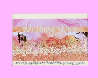MD027 Mothers Day Greeting Card Elegant & Sweet Pearls w/Lace Embroidered Trim Gemstones Gilded 3D Handmade one-of-a-kind OOAK Unique 5x7