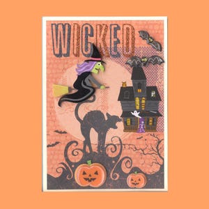 Halloween Greeting Card Wicked Witch Scardy Cat Haunted House Pumpkins bats Handmade one-of-a-kind OOAK Unique 5x7 Hal219