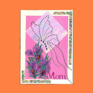 Mothers Day  Greeting Card Elegant Gemstone Butterfly Crocus Pearl Glittery Handmade one-of-a-kind OOAK Unique 5x7 MD010