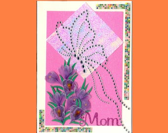 MD010 Mothers Day Greeting Card Elegant Gemstone Butterfly Crocus Pearl Glittery 3D Handmade one-of-a-kind OOAK Unique 5x7