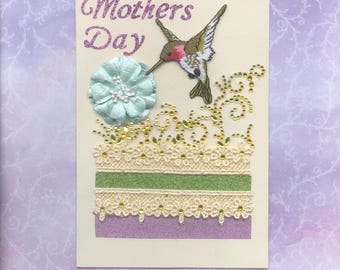 MD013 Mothers Day Greeting Card Stunning Hummingbird Crystals & Embroidery Trim Removable Patch 3D Handmade one-of-a-kind OOAK Unique 5x7