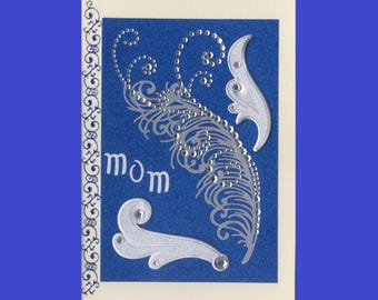 MD008 Mothers Day Greeting Card Elegant Gemstone Swirls Feather Swirly Trim Glitters 3D Handmade one-of-a-kind OOAK Unique 5x7