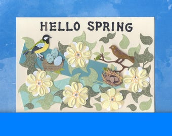 BLK032 All Occasion Hello Spring Greeting Card Creamy Flowers Spring Birdies with Nest of Eggs Handmade one-of-a-kind OOAK Unique 5x7 BLK032