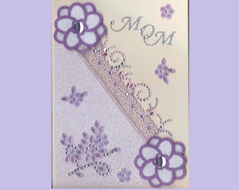 MD023 Mothers Day Greeting Card Elegant Flowers W/Gems Embroidery Trim Shades Of Purple 3D Handmade one-of-a-kind OOAK Unique 5x7
