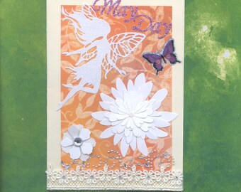 May003 May Day Greeting Card Whimsical Fairy Queen Fliting In The Garden Of White Chrysanthemums 3D Handmade one-of-a-kind OOAK Unique 5x7