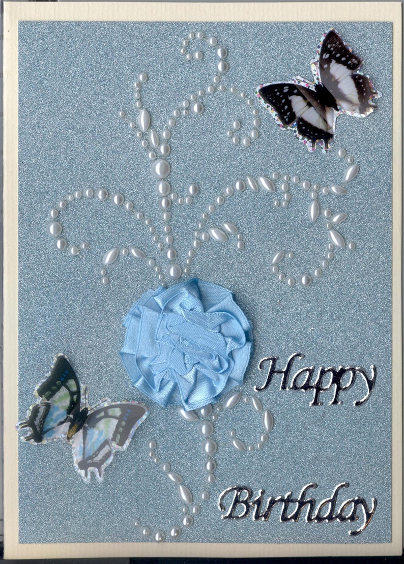 Birthday Greeting Card Elegant pearls satin flower butterfly Handmade one-of-a-kind OOAK Unique 3D 5x7 BD049