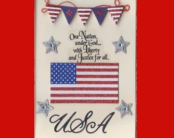 Pat001 Flag Day Patriotic Greeting Card Fireworks Glitter Flag Pledge of Allegiance 3D Handmade one-of-a-kind OOAK Unique 5x7