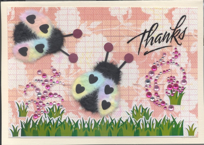 Thank-You Greeting Cards Whimsical Cute Gems Tear Ladybugs Grass Flowers Handmade one-of-a-kind OOAK Unique Dimensional 3D 5x7 TY019