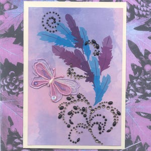 BLK091 All Occasion Greeting Card Flutterby Embroidery Patch w/Swirling Feathers & Gemstones 3D Handmade one-of-a-kind OOAK Unique 5x7